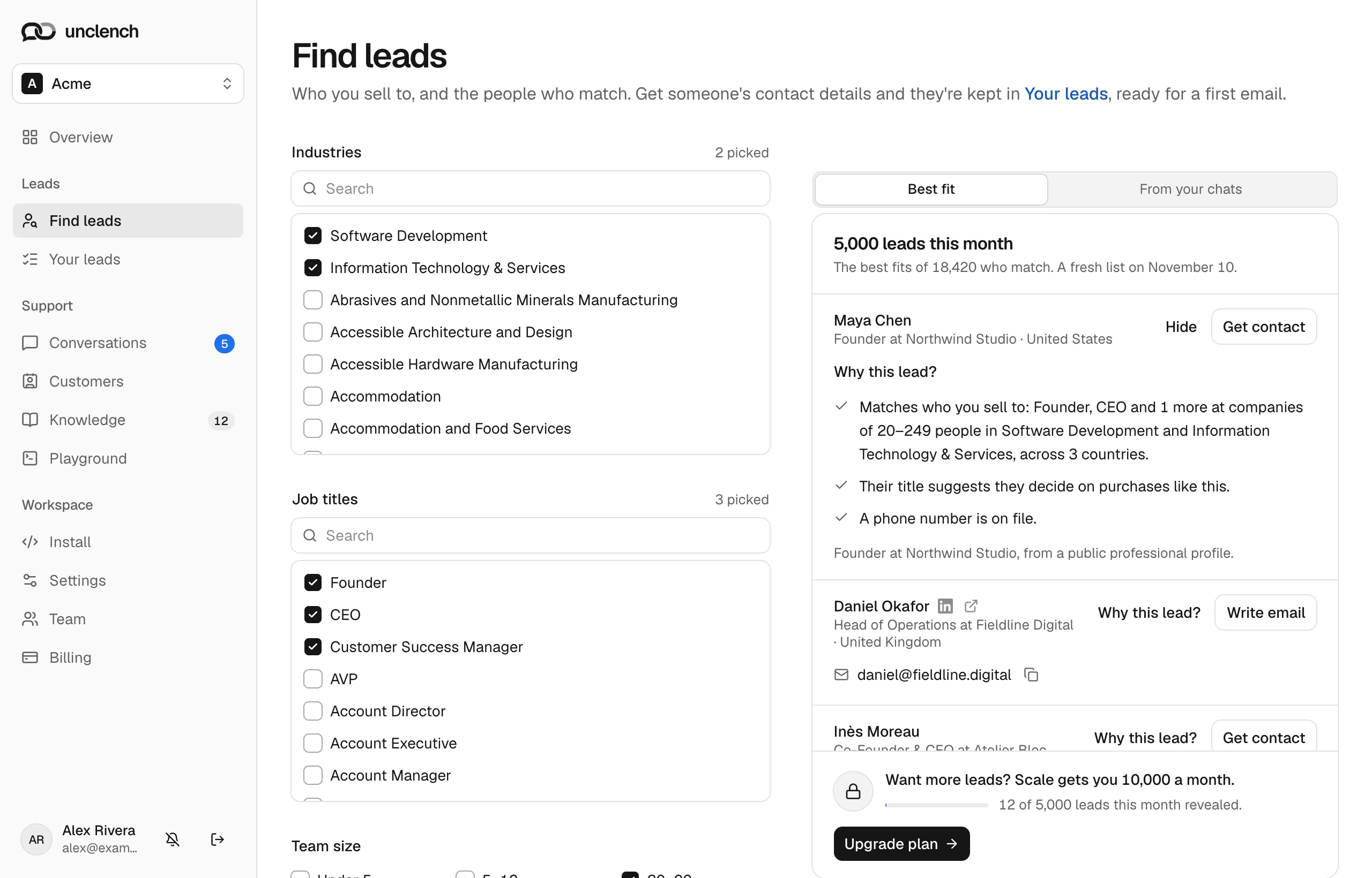 Find leads with the ideal customer filters on the left and the Best fit list on the right, one lead open to show why they fit